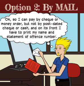 Ok, so I can pay by cheque or money order, but not by post-dated cheque or cash, and on its front I have to print my name and statement of offence number. | Option 2: By MAIL