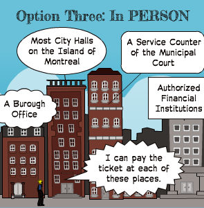 A Burough Office | Most City Halls on the Island of Montreal | Option Three: In PERSON | I can pay the ticket at each of these places. | A Service Counter of the Municipal Court | Authorized  Financial  Institutions